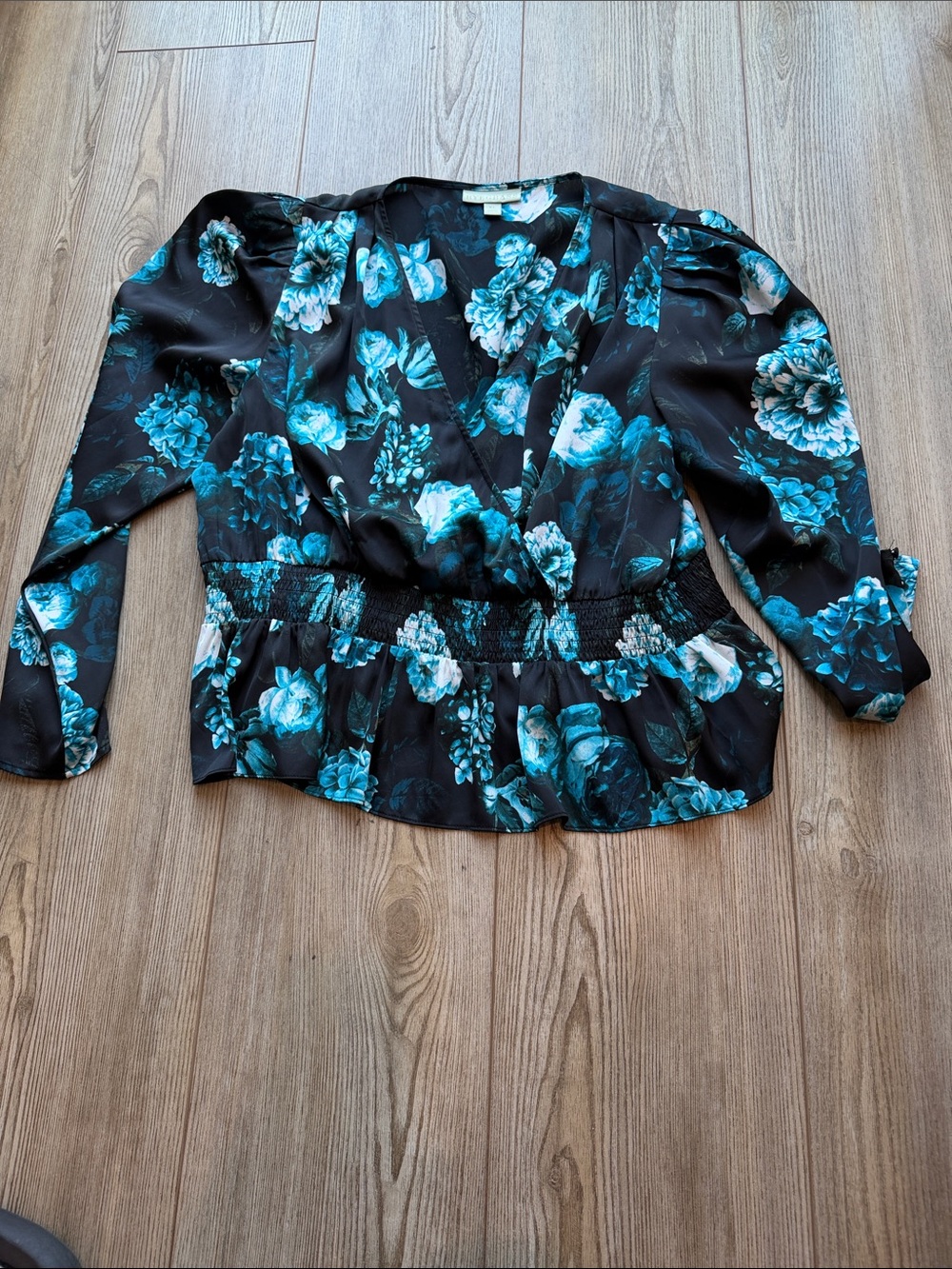 Floral Wrap Blouse with Smocked Waist - Teal on Black